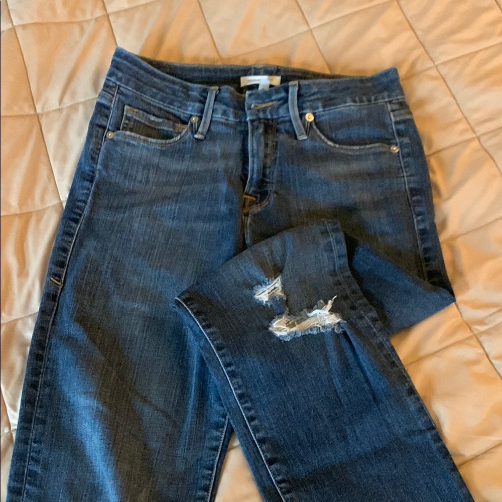 Good American Blue Straight Leg Jeans with Distressed Details